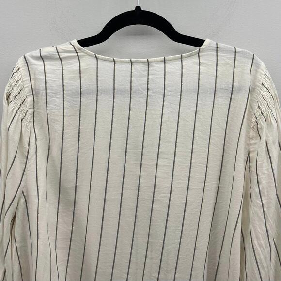 Old Navy Metallic-Stripe Smocked-Shoulder Top in Cream/Black/Gold - Picture 5 of 7